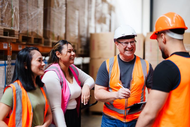 High-visibility warehouse staff using a tablet to coordinate tasks, optimize workflow, and manage inventory efficiently.