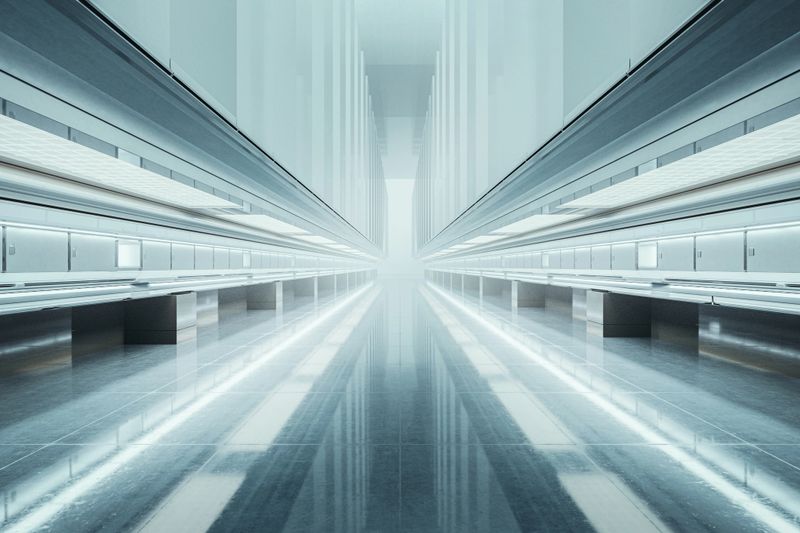 Empty futuristic underground facility. 3D generated image.