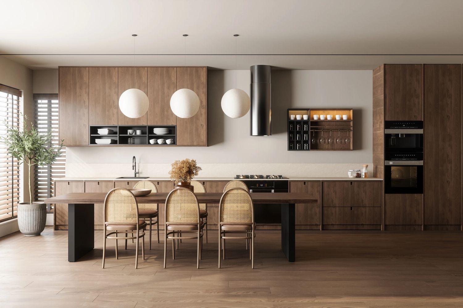 Modern kitchen with wooden cabinetry, rattan chairs, and soft pendant lighting.