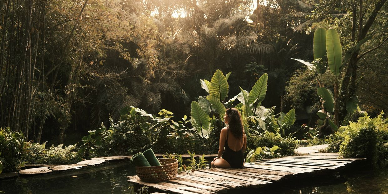 Woman in black swimsuit sitting on wooden dock surrounded by lush greenery.