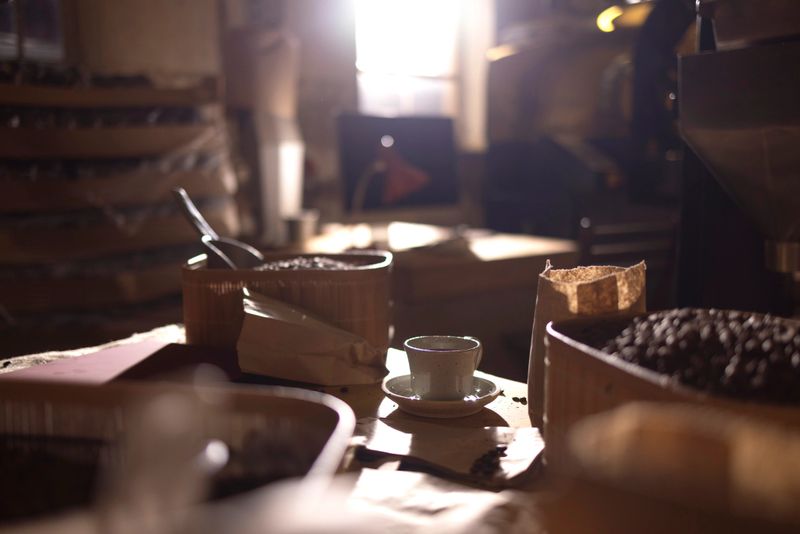 A warm, intimate coffee preparation area featuring a delicate cup on a saucer, bowls of roasted coffee beans, a grinder, and rustic containers on a sunlit wooden table