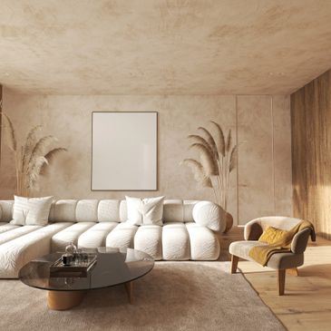 Cozy beige living room with a modern sofa and glass coffee table.