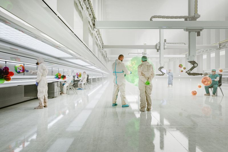 Futuristic laboratory with scientists experimenting with alien physics. 3D generated image.