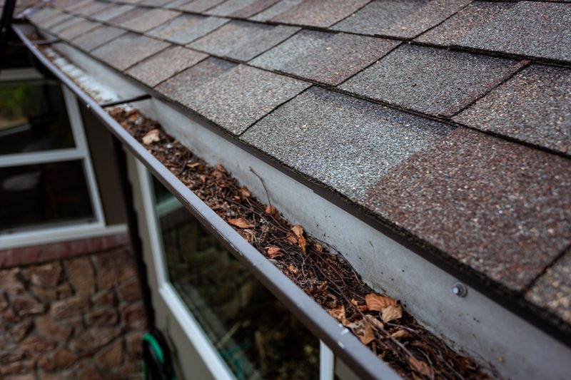 Roof gutter with debris that need cleaning. Shot from above looking down.