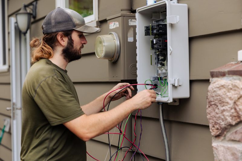A professional solar technician installing a Solar Panel Electric Box on the side of a house