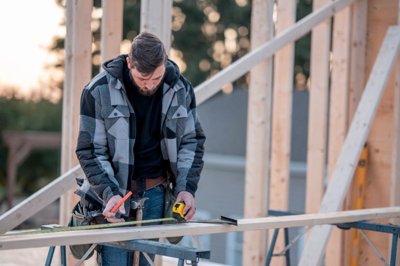 Focused adult male construction worker measures a wooden beam on a frame with a tape measure and pencil, wearing a plaid jacket at a sunny outdoor job site. Craft, precision, and safety in progress.