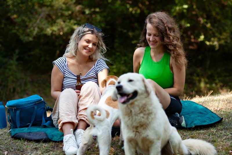 Two women relax on a blanket beneath trees during their camping trip. They share laughs while their dogs play, enjoying the warm weather and companionship in nature.