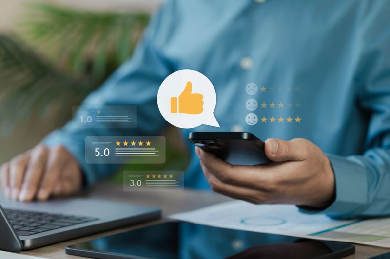 Businessman using smartphone to check online reviews and customer feedback. Concept of digital marketing, rating system, and social media engagement for business reputation management.
