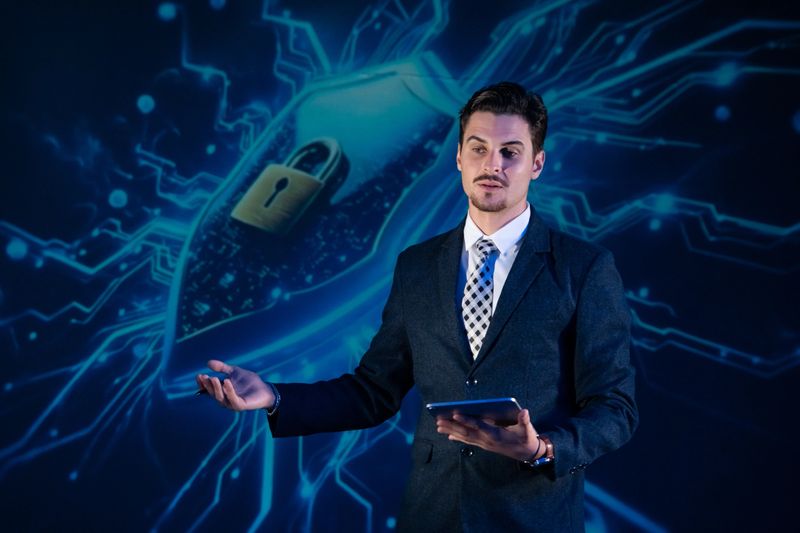 Cybersecurity expert giving a presentation on data protection, network security, and privacy