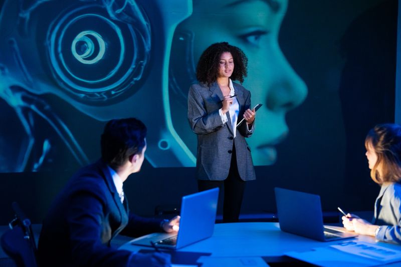 Business professionals in a strategy meeting, discussing technology, artificial intelligence, and global innovation.