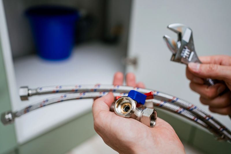 Professional plumber gripping new faucet components and adjustable wrench, working beneath kitchen sink, installing plumbing fixtures with precision and technical expertise