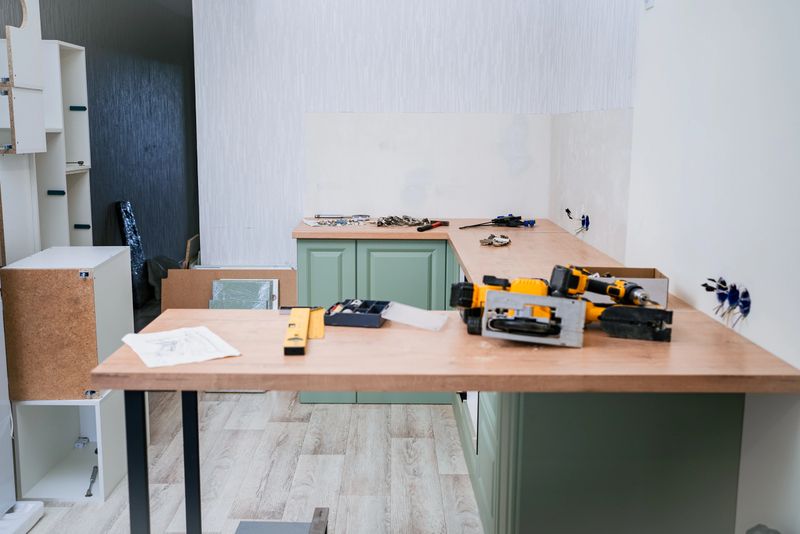 Carpenters are assembling a new kitchen using tools like level, electric screwdriver and jigsaw placed on a wooden countertop, with furniture parts and blueprint visible