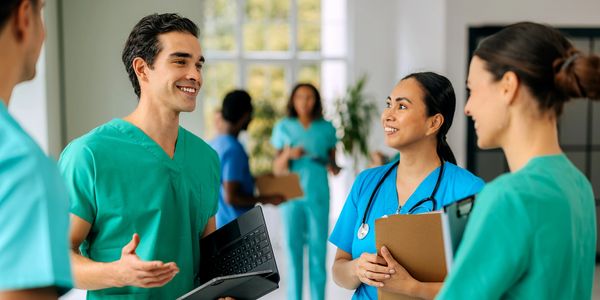 Medical team discussing patient care in hospital.