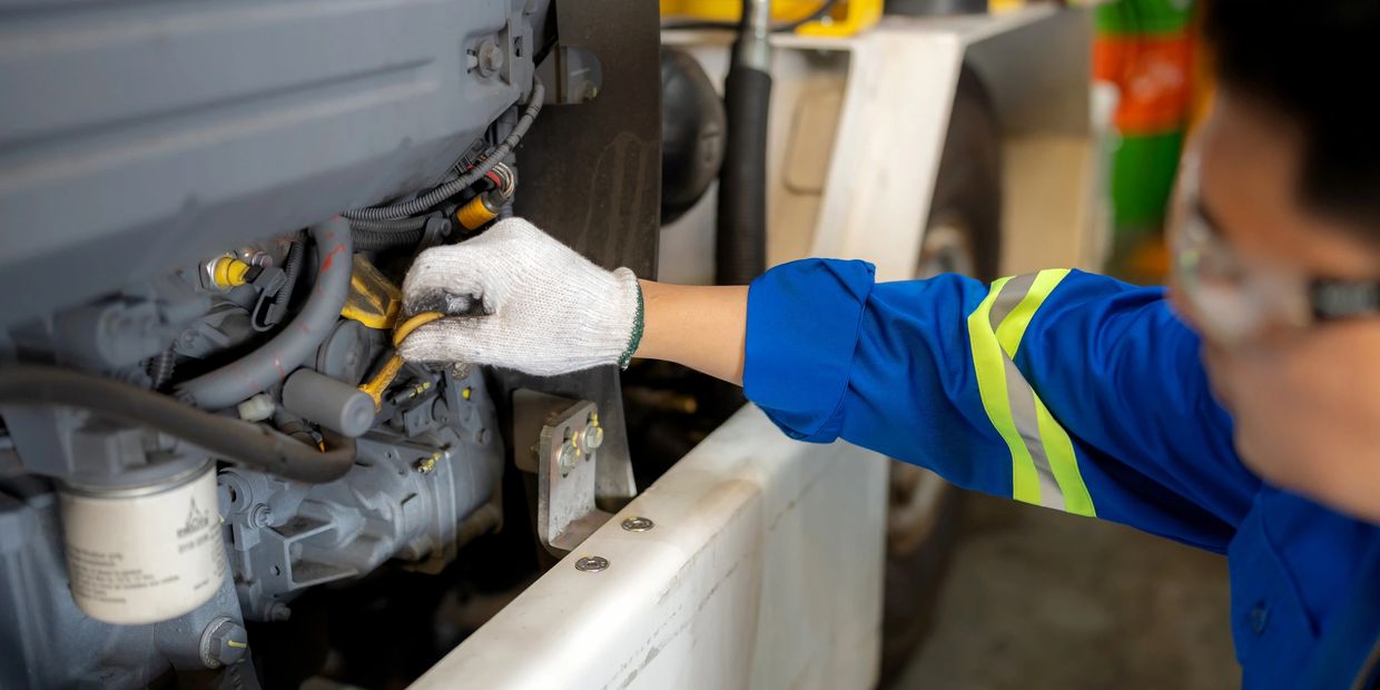 Technician in blue uniform repairing machinery with a tool.