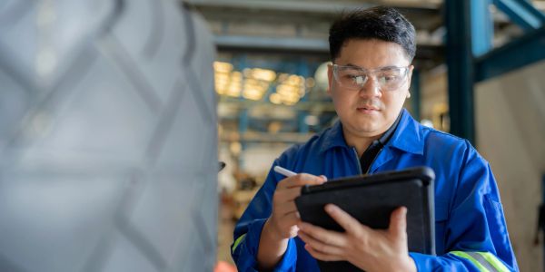 Technician inspecting and taking notes in a factory.