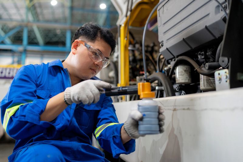 A blue-collar technician in safety gear uses an oil pump tube to collect engine oil for chemical analysis and quality control. Concept of lubrication, repair service, industrial maintenance, machine part inspection, and mechanical expertise.