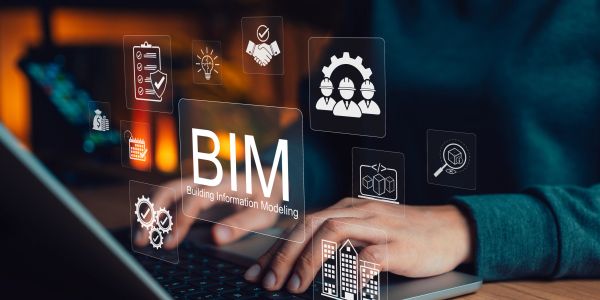 Person using laptop with BIM interface icons.