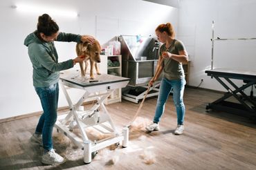 Two women grooming a dog on a table while cleaning up fur on the floor.