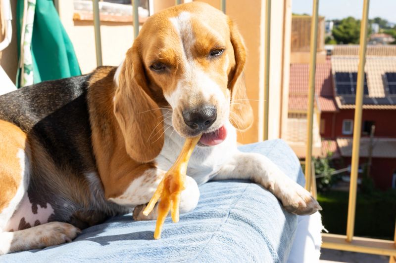 Beagle dog intensely chewing a raw, dried chicken foot treat while relaxing on a person's lap on a sunny balcony, prioritizing dental health and natural nutrition