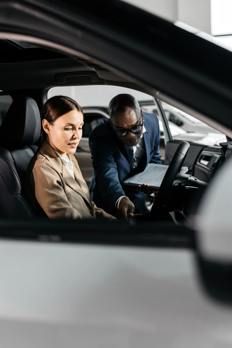 A woman in formal attire discusses car specifications with an African American man in a suit, demonstrating the modern setting of a luxury car dealership.