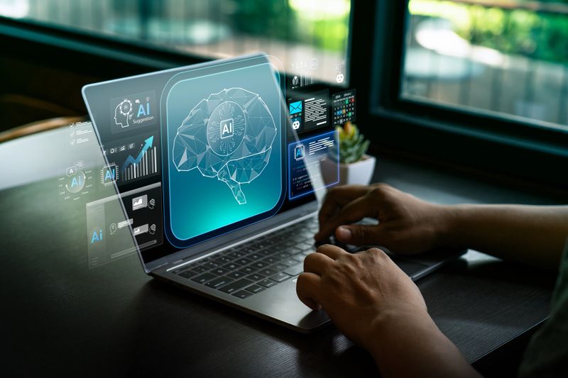 AI agent data tools for business analytics and intelligent automation, showing digital brain hologram interface with futuristic technology for smart decision making, deep learning, data-driven