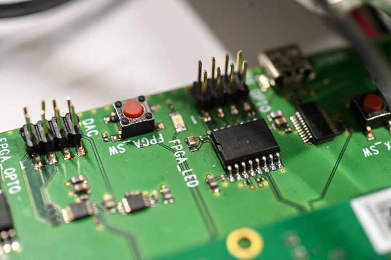 Close-up view of an electronic circuit board with microchips, connectors, and a red button, used in digital and embedded system development.