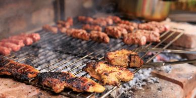 Meat grilling on a barbecue.