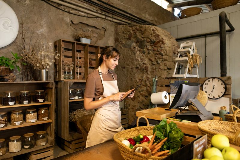 Woman shopkeeper wearing an apron, managing product inventory in a rustic organic grocery store using a digital tablet