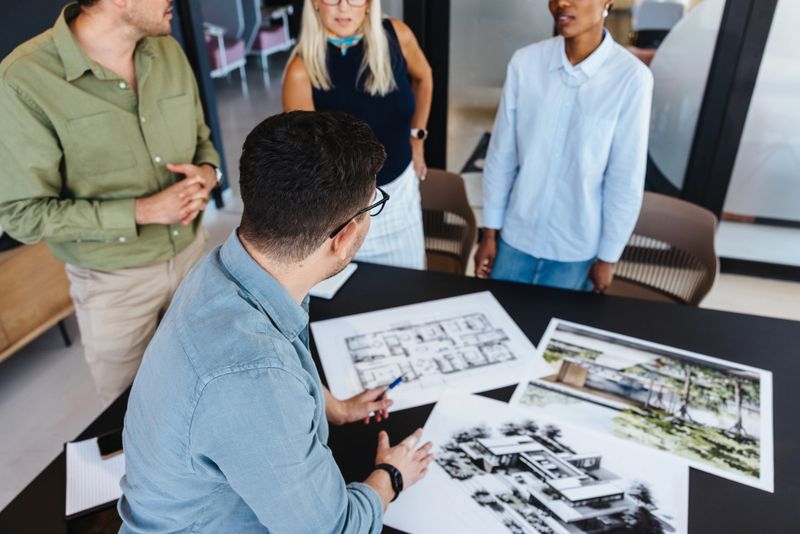 Group of adults reviewing blueprints in a stylish office setting. Featuring teamwork, architecture, and engaging discussions. Bright interior elements emphasize the modern and professional context.