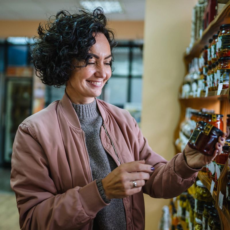 Happy woman shopping in a local grocery store, smiling as she selects a jar from a shelf, choosing quality ingredients and supporting small businesses and local producers