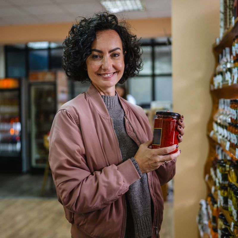 Woman standing in local grocery aisle holding a jar of preserved food, smiling at camera while choosing organic product, casual attire, curly hair, enjoying shopping and fresh selection