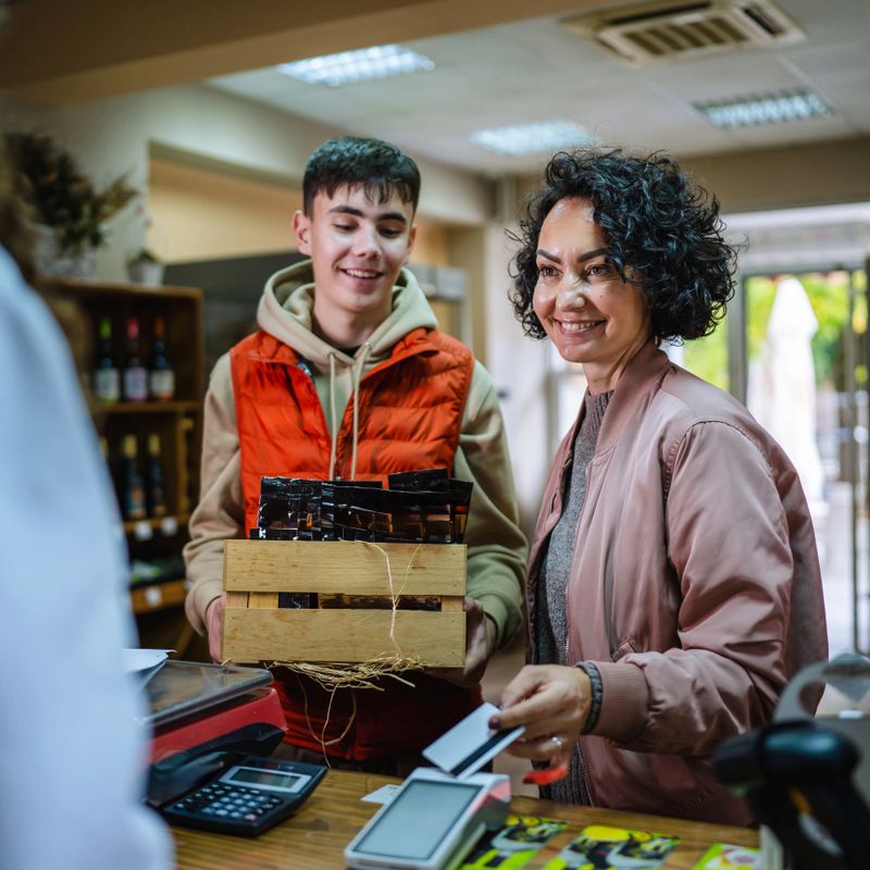 Mother and son smiling while making a contactless payment with a credit card at the checkout counter of a small grocery or retail store, symbolizing modern shopping and family bonding