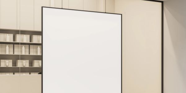 Blank white poster hanging in a modern, minimalist room.