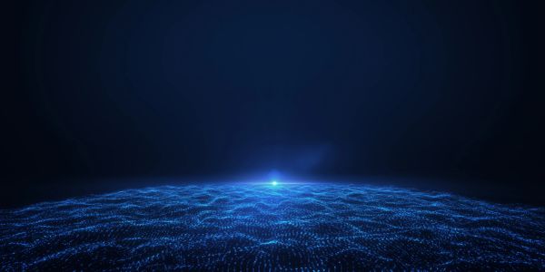 Glowing blue digital wave on dark background.