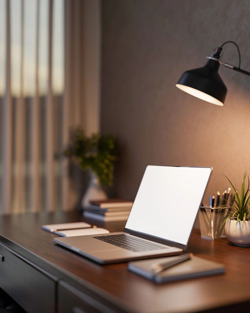 Bank screen laptop with books and pencil under lamp light in a dim lit living room or bedroom. 3D Rendering, 3D Illustration.