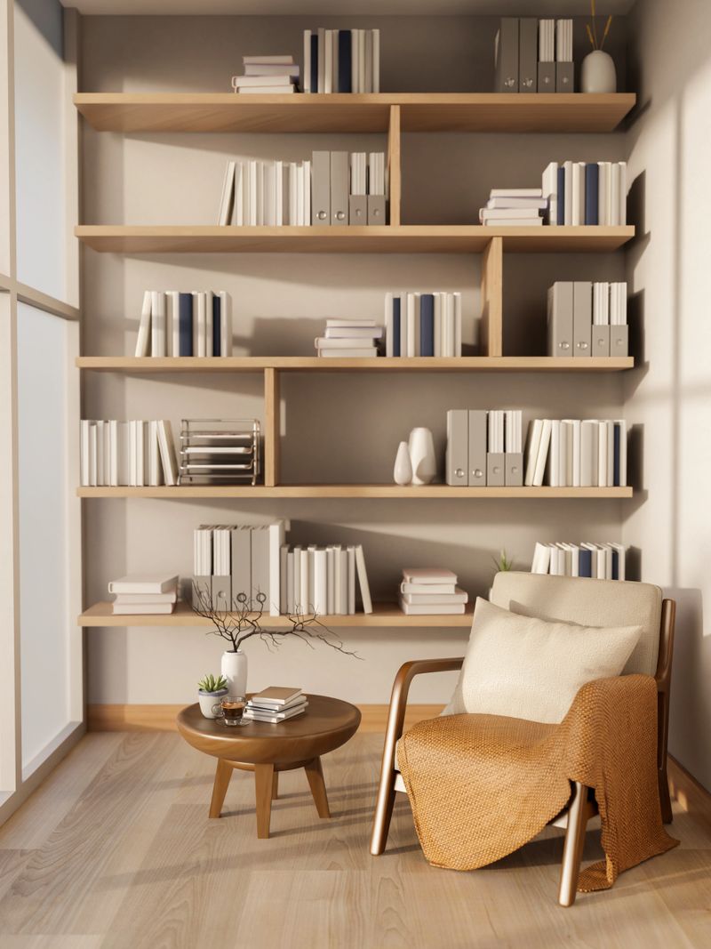 Wooden armchair with pillow and blanket and side table in front of a large bookshelf on parquet floor. Working or Study, 3D Rendering, 3D Illustration.