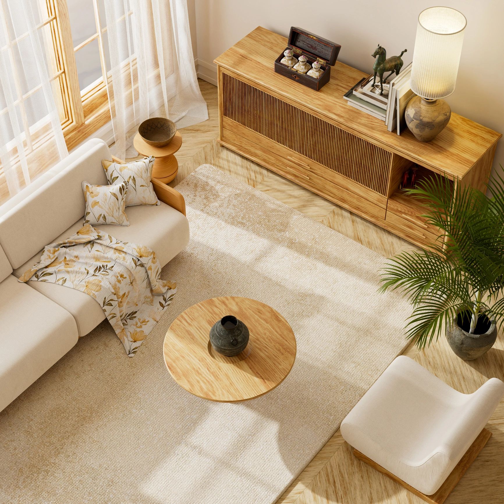 Cozy living room with wooden furniture, floral cushions, and soft natural lighting.