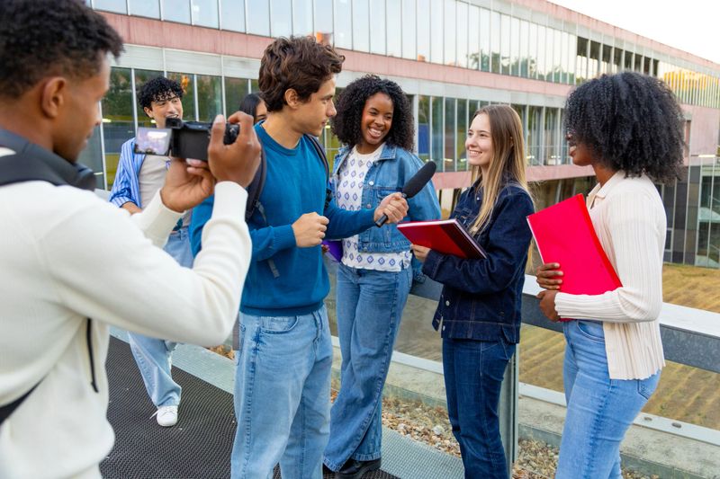 Group of diverse university students conducting an interview on campus, another student filming the conversation as a journalist