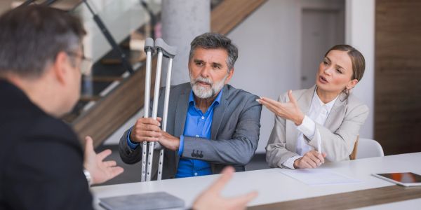 Man with crutches consulting with two people at a table.