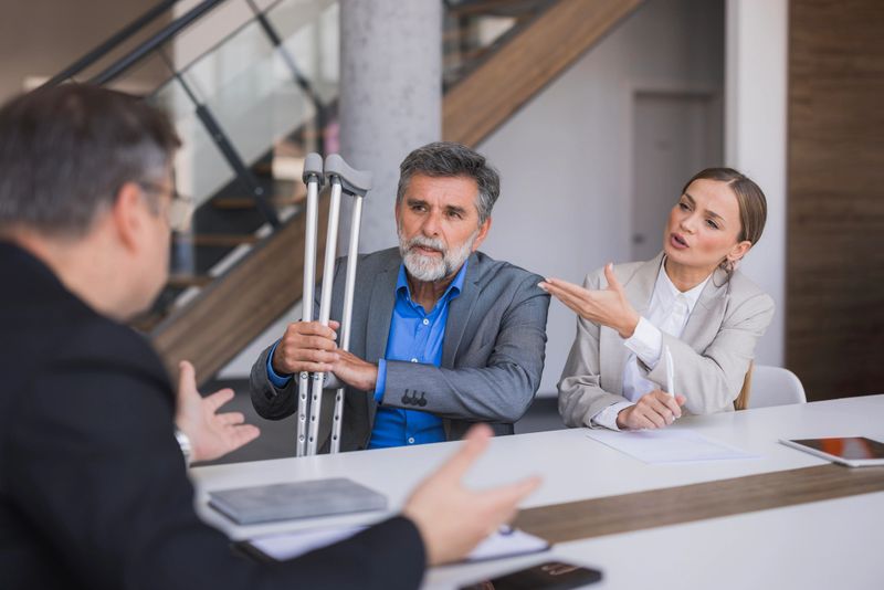Man with crutches and woman negotiating a compensation claim with a legal professional