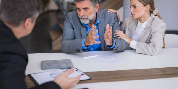 Man explaining something to a couple in a meeting.
