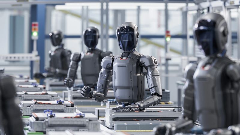 3D Render: Industrial Automation AI Accelerated: Human Like Robot in Industrial Environment. Autonomous AI Powered General Purpose Humanoid Robots Stand in a Row and Work at Factory on Assembly Line.