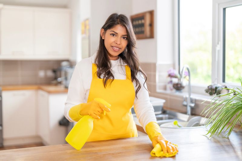 A woman wearing a yellow apron and gloves cleans a wooden kitchen counter with a cloth. Sunlight enters through the window, brightening the space.