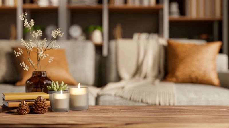 Lighting aroma scented candles and decorative item on wooden table across fabric sofa in living room. Calm and Soothing, Product Display, Cosy Atmosphere.