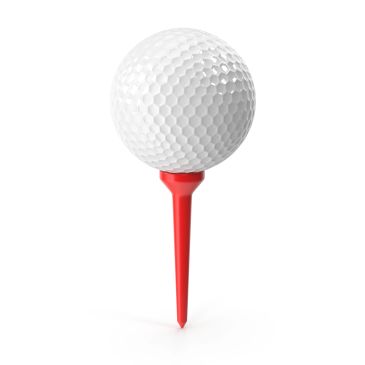 A white golf ball on a red tee against a white background.