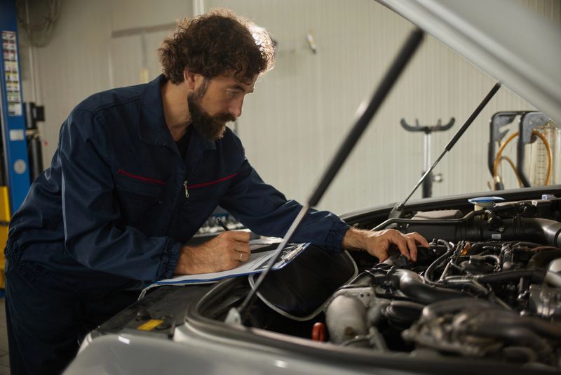 Mid adult car mechanic inspecting car engine and taking notes on clipboard in auto repair shop