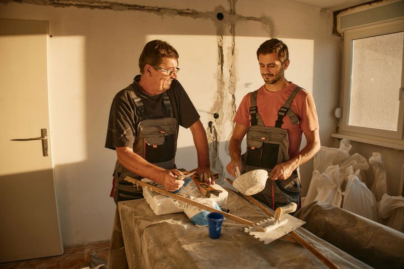 Two Caucasian men in work overalls are planning renovation inside a room with exposed wiring and construction materials on a covered table during daylight.