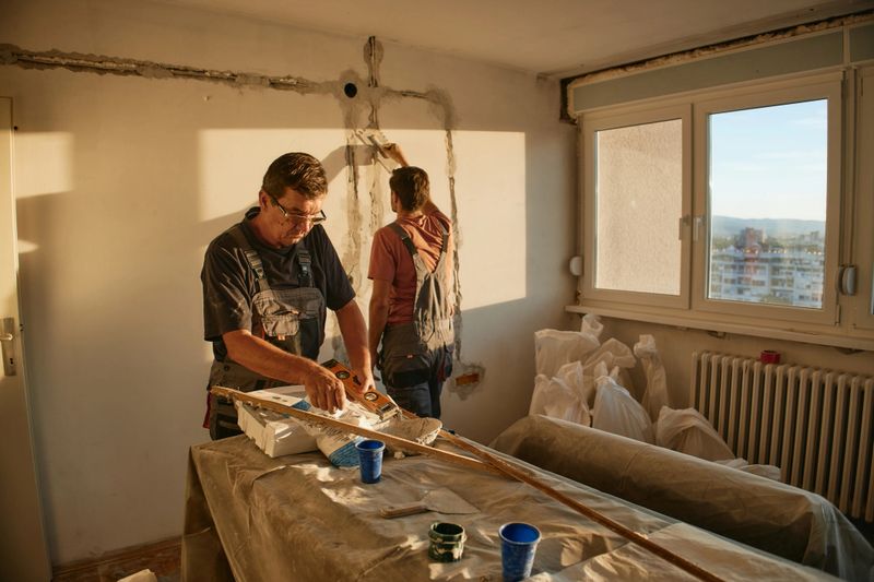 Two male craftsmen working inside an urban apartment room during renovation, wearing casual work clothes. Tools and painting supplies are on a covered table, with natural light from a large window illuminating the space.