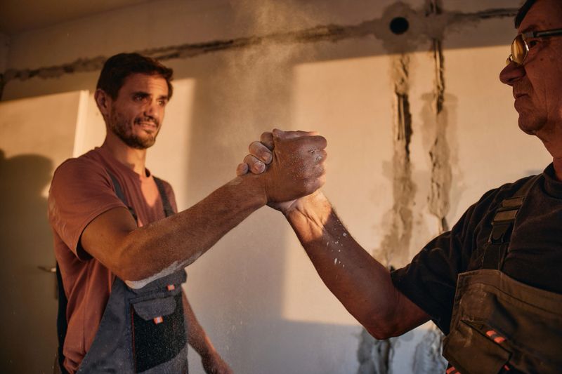 Two male construction workers in overalls exchange a firm handshake inside a building under renovation, surrounded by exposed concrete walls and warm natural light highlighting dust particles in the air.