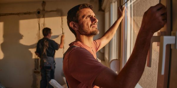 Man inspecting window during home renovation.